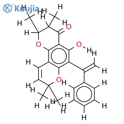9-hydroxy-2,2,6,7-tetramethyl-2H--benzopyran-(1-phenylethylene-10-yl)--dihydropyran-4-one structure