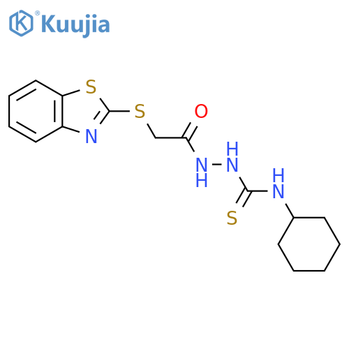 2-Benzothiazol-2-ylthio-N-{[(cyclohexylamino)thioxomethyl]amino}acetamide structure