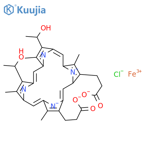 Ferrate(2-),[7,12-bis(1-hydroxyethyl)-3,8,13,17-tetramethyl-21H,23H-porphine-2,18-dipropanoato(4-)-kN21,kN22,kN23,kN24]chloro-, dihydrogen,(SP-5-13)- (9CI) structure
