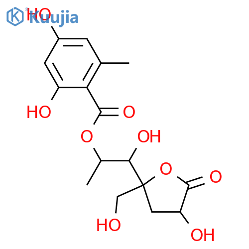 5-(1,2-Dihydroxypropyl)dihydro-3-hydroxy-5-(hydroxymethyl)-2(3H)-furanone; 7-O-(2,4-Dihydroxy-6-methylbenzoyl) structure