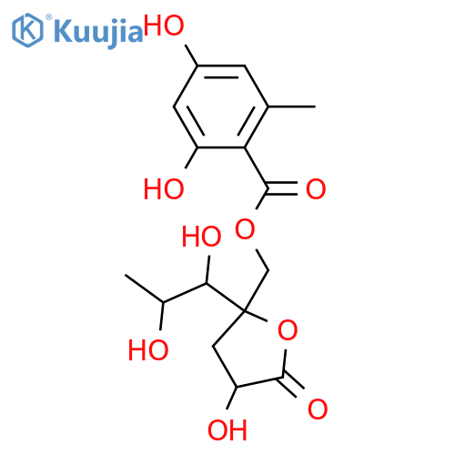 5-(1,2-Dihydroxypropyl)dihydro-3-hydroxy-5-(hydroxymethyl)-2(3H)-furanone; 9-O-(2,4-Dihydroxy-6-methylbenzoyl) structure