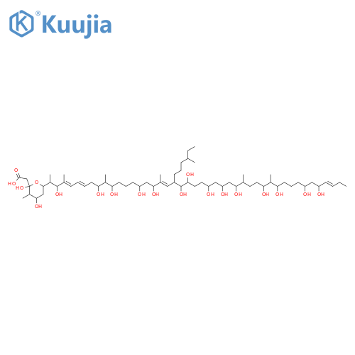2H-Pyran-2-acetic acid, tetrahydro-2,4-dihydroxy-3-methyl-6-[(1S,2S,3E,5E,8R,9R,10S,14R,16S,17E,19S,20R,24R,26S,28R,29S,32R,33R,34S,38S,40S,41E)-2,8,10,14,16,20,21,24,26,28,32,34,38,40-tetradecahydroxy-1,3,9,17,29,33-hexamethyl-19-(4-methylhexyl)-3,5,17,41-tetratetracontatetraen-1-yl]-, (3R,4S,6S)- structure