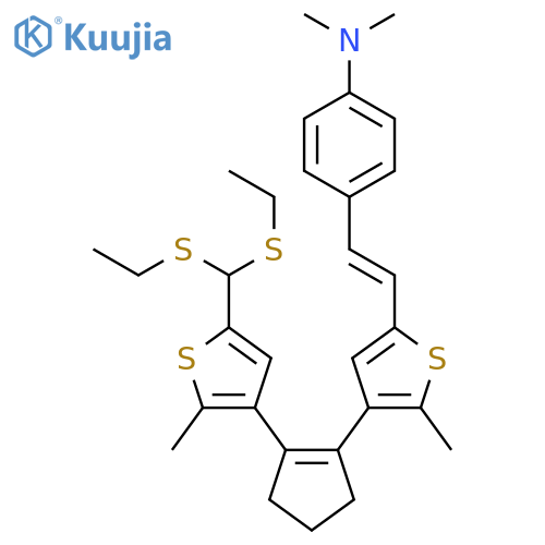 Benzenamine, 4-[(1E)-2-[4-[2-[5-[bis(ethylthio)methyl]-2-methyl-3-thienyl]-1-cyclopenten-1-yl]-5-methyl-2-thienyl]ethenyl]-N,N-dimethyl- structure
