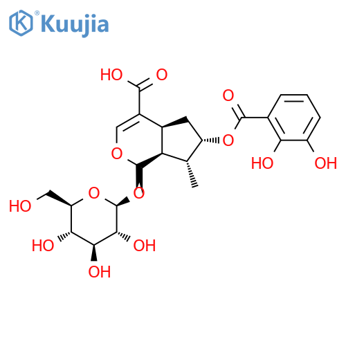 (1S,4As,6S,7R,7aS)-6-(2,3-dihydroxybenzoyl)oxy-7-methyl-1-[(2S,3R,4S,5S,6R)-3,4,5-trihydroxy-6-(hydroxymethyl)oxan-2-yl]oxy-1,4a,5,6,7,7a-hexahydrocyclopenta[c]pyran-4-carboxylic acid structure