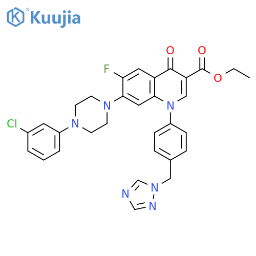3-Quinolinecarboxylic acid, 7-[4-(3-chlorophenyl)-1-piperazinyl]-6-fluoro-1,4-dihydro-4-oxo-1-[4-(1H-1,2,4-triazol-1-ylmethyl)phenyl]-, ethyl ester structure
