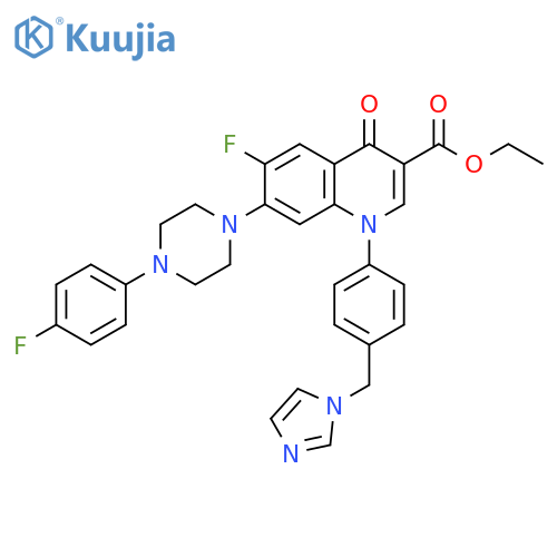 3-Quinolinecarboxylic acid, 6-fluoro-7-[4-(4-fluorophenyl)-1-piperazinyl]-1,4-dihydro-1-[4-(1H-imidazol-1-ylmethyl)phenyl]-4-oxo-, ethyl ester structure