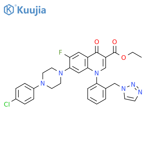 3-Quinolinecarboxylic acid, 7-[4-(4-chlorophenyl)-1-piperazinyl]-6-fluoro-1,4-dihydro-4-oxo-1-[2-(1H-1,2,3-triazol-1-ylmethyl)phenyl]-, ethyl ester structure