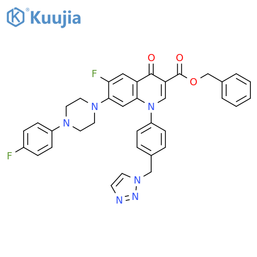 3-Quinolinecarboxylic acid, 6-fluoro-7-[4-(4-fluorophenyl)-1-piperazinyl]-1,4-dihydro-4-oxo-1-[4-(1H-1,2,3-triazol-1-ylmethyl)phenyl]-, phenylmethyl ester structure