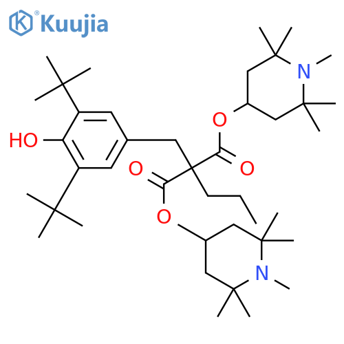 Propanedioic acid,[[3,5-bis(1,1-dimethylethyl)-4-hydroxyphenyl]methyl]propyl-,bis(1,2,2,6,6-pentamethyl-4-piperidinyl) ester structure