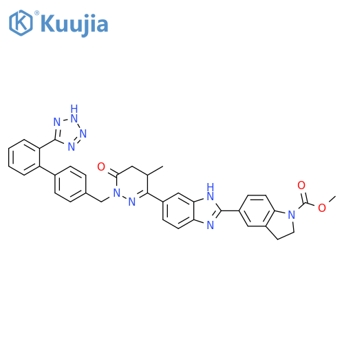 1H-Indole-1-carboxylic acid, 2,3-dihydro-5-[6-[1,4,5,6-tetrahydro-4-methyl-6-oxo-1-[[2'-(2H-tetrazol-5-yl)[1,1'-biphenyl]-4-yl]methyl]-3-pyridazinyl]-1H-benzimidazol-2-yl]-, methyl ester structure