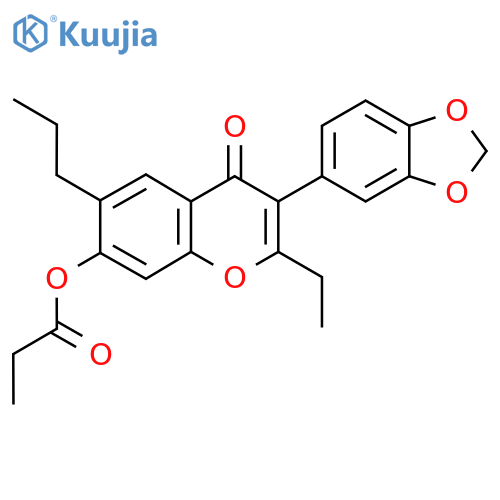 3-(2H-1,3-benzodioxol-5-yl)-2-ethyl-4-oxo-6-propyl-4H-chromen-7-yl propanoate structure
