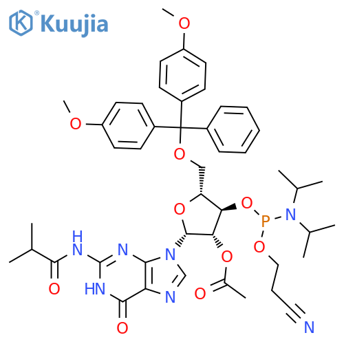 (2R,3S,4R,5R)-5-((Bis(4-methoxyphenyl)(phenyl)methoxy)methyl)-4-(((2-cyanoethoxy)(diisopropylamino)phosphaneyl)oxy)-2-(2-isobutyramido-6-oxo-1,6-dihydro-9H-purin-9-yl)tetrahydrofuran-3-yl acetate structure