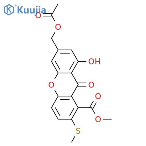 8-Hydroxy-6-(hydroxymethyl)xanthone-1-carboxylic acid; 2-(Methylthio), 1'-Ac, Me ester structure