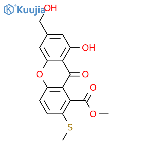 8-Hydroxy-6-(hydroxymethyl)xanthone-1-carboxylic acid; 2-(Methylthio), Me ester structure