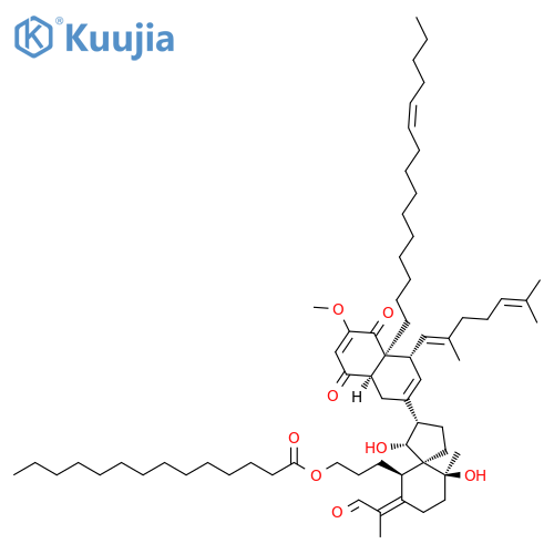 Tetradecanoic acid, 3-[(1R,2S,5S,6R,7Z,10S)-2-[(4R,4aS,8aR)-4-[(1E)-2,6-dimethyl-1,5-heptadienyl]-1,4,4a,5,8,8a-hexahydro-6-methoxy-5,8-dioxo-4a-[(10Z)-10-pentadecenyl]-2-naphthalenyl]-1,10-dihydroxy-10-methyl-7-(1-methyl-2-oxoethylidene)spiro[4.5]dec-6-yl]propyl ester (9CI) structure