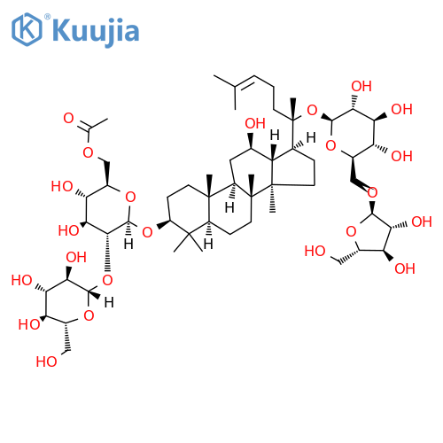 β-​D-​Glucopyranoside, (3β,​12β)​-​20-​[(6-​O-​α-​L-​arabinofuranosyl-​β-​D-​glucopyranosyl)​oxy]​-​12-​hydroxydammar-​24-​en-​3-​yl 2-​O-​β-​D-​glucopyranosyl-​, 6-​acetate structure