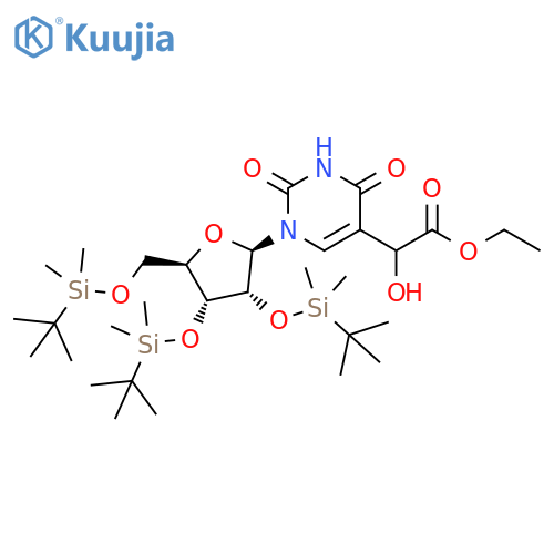 Ethyl 1,2,3,4-tetrahydro-α-hydroxy-2,4-dioxo-1-[2,3,5-tris-O-[(1,1-dimethylethyl)dimethylsilyl]-β-D-ribofuranosyl]-5-pyrimidineacetate structure