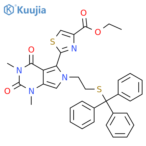 ethyl2-(1,3-dimethyl-2,4-dioxo-6-(2-(tritylthio)ethyl)-2,3,4,6-tetrahydro-1H-pyrrolo[3,4-d]pyrimidin-5-yl)thiazole-4-carboxylate structure