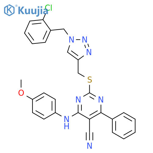 5-Pyrimidinecarbonitrile, 2-[[[1-[(2-chlorophenyl)methyl]-1H-1,2,3-triazol-4-yl]methyl]thio]-4-[(4-methoxyphenyl)amino]-6-phenyl- structure