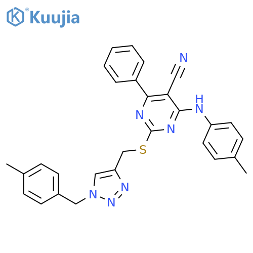 5-Pyrimidinecarbonitrile, 4-[(4-methylphenyl)amino]-2-[[[1-[(4-methylphenyl)methyl]-1H-1,2,3-triazol-4-yl]methyl]thio]-6-phenyl- structure