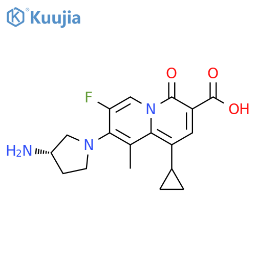 4H-Quinolizine-3-carboxylicacid, 8-[(3S)-3-amino-1-pyrrolidinyl]-1-cyclopropyl-7-fluoro-9-methyl-4-oxo-,hydrochloride (1:1) structure