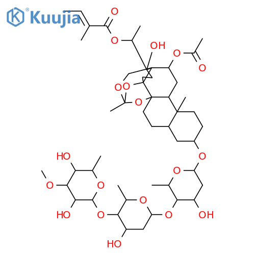 Pregnane-3,8,12,14,17,18,20-heptol; (3β,5α,8β,12β,14β,17β,20S)-form, 8,14,18-Orthoacetate, 20-tigloyl, 12-Ac, 3-O-[β-D-thevetopyranosyl-(1→4)-β-D-canaropyranosyl-(1→4)-β-D-digitoxopyranoside] structure