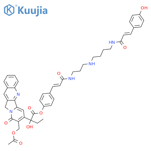 Indolizino[1,2-b]quinoline-7-aceticacid, 8-[(acetyloxy)methyl]-a-ethyl-9,11-dihydro-a-hydroxy-9-oxo-, 4-[(1E)-3-[[3-[[4-[[(2E)-3-(4-hydroxyphenyl)-1-oxo-2-propen-1-yl]amino]butyl]amino]propyl]amino]-3-oxo-1-propen-1-yl]phenylester, (aS)- structure