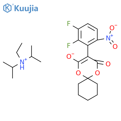 N-Ethyl-N-isopropylpropan-2-aminium 3-(2,3-difluoro-4-nitrophenyl)-4-oxo-1,5-dioxaspiro[5.5]undec-2-en-2-olate structure