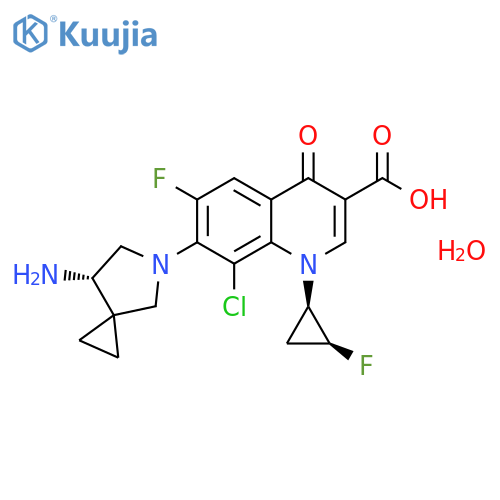 3-Quinolinecarboxylicacid,7-[(7S)-7-amino-5-azaspiro[2.4]hept-5-yl]-8-chloro-6-fluoro-1-[(1R,2S)-2-fluorocyclopropyl]-1,4-dihydro-4-oxo-,hydrate (1:1) structure