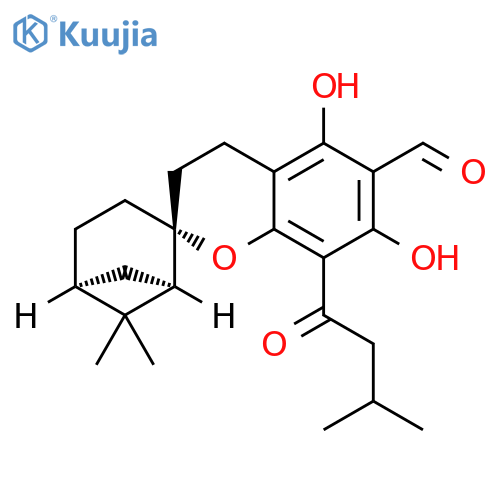 Spiro[2H-1-benzopyran-2,2'-bicyclo[3.1.1]heptane]-6-carboxaldehyde, 3,4-dihydro-5,7-dihydroxy-6',6'-dimethyl-8-(3-methyl-1-oxobutyl)-, (1'R,2R,5'S)- structure