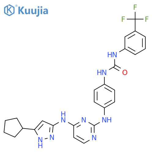 1-4-({4-(5-cyclopentyl-1H-pyrazol-3-yl)imino-1,4-dihydropyrimidin-2-yl}amino)phenyl-3-3-(trifluoromethyl)phenylurea structure