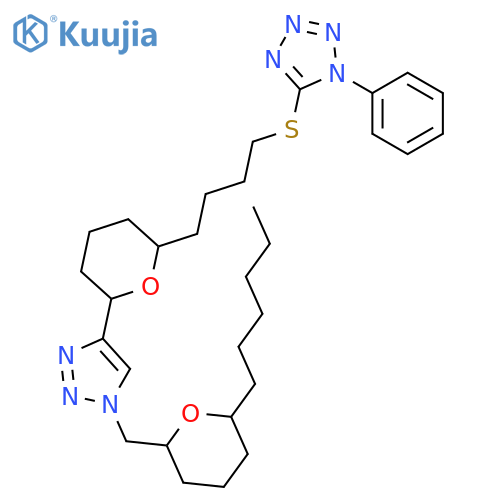 1H-Tetrazole, 5-[[4-[(2R,6S)-6-[1-[[(2S,6S)-6-hexyltetrahydro-2H-pyran-2-yl]methyl]-1H-1,2,3-triazol-4-yl]tetrahydro-2H-pyran-2-yl]butyl]thio]-1-phenyl- structure