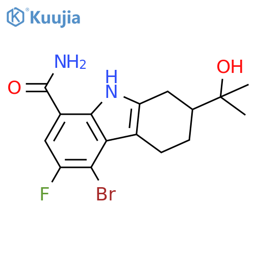 5-bromo-6-fluoro-2-(2-hydroxypropan-2-yl)-2,3,4,9-tetrahydro-1H-carbazole-8-carboxamide structure