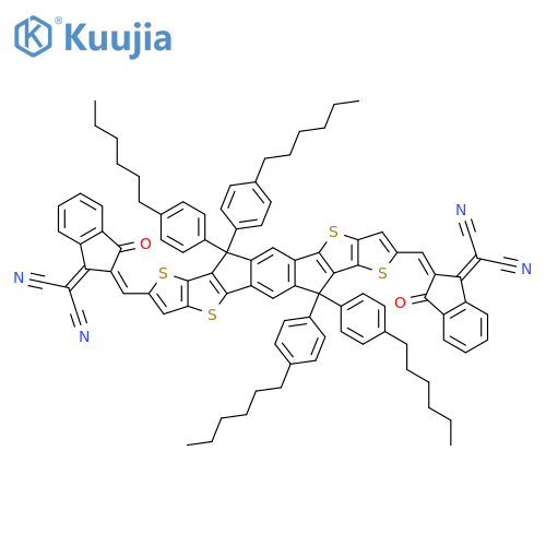 2-[(2Z)-2-[[20-[[1-(Dicyanomethylidene)-3-oxoinden-2-ylidene]methyl]-12,12,24,24-tetrakis(4-hexylphenyl)-5,9,17,21-tetrathiaheptacyclo[13.9.0.03,13.04,11.06,10.016,23.018,22]tetracosa-1(15),2,4(11),6(10),7,13,16(23),18(22),19-nonaen-8-yl]methylidene]-3-oxoinden-1-ylidene]propanedinitrile structure