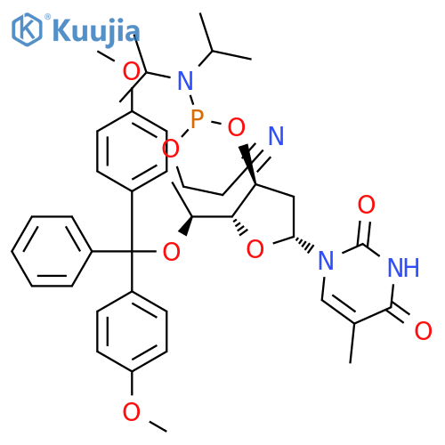 2,4(1H,3H)-Pyrimidinedione, 1-[5-O-[bis(4-methoxyphenyl)phenylmethyl]-3-O-[[bis(1-methylethyl)amino](2-cyanoethoxy)phosphino]-2,6-dideoxy-α-L-lyxo-hexofuranosyl]-5-methyl- structure