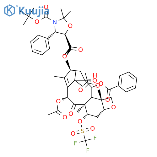 13-{(3-tert-Butyloxycarbonyl)-2,2-dimethyl-4S-phenyl-1,3-oxazolidin-5R-ylformyl}-7-O-((trifluoromethyl)sulfonyloxy) Baccatin III structure