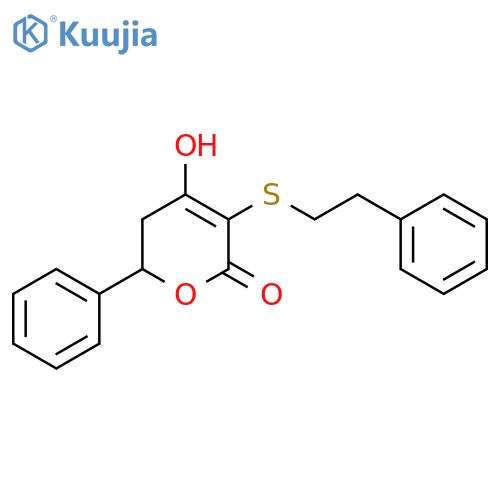 2H-Pyran-2-one, 5,6-dihydro-4-hydroxy-6-phenyl-3-[(2-phenylethyl)thio]- structure