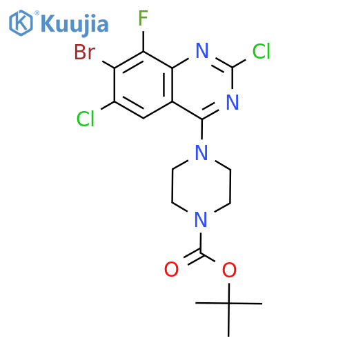 Tert-butyl 4-(7-bromo-2,6-dichloro-8-fluoroquinazolin-4-yl)piperazine-1-carboxylate structure