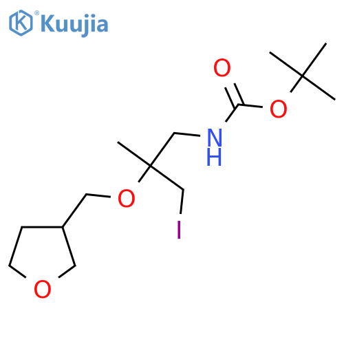 tert-butyl N-{3-iodo-2-methyl-2-(oxolan-3-yl)methoxypropyl}carbamate structure