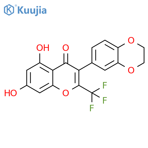 3-(2,3-dihydro-1,4-benzodioxin-6-yl)-5,7-dihydroxy-2-(trifluoromethyl)-4H-chromen-4-one structure