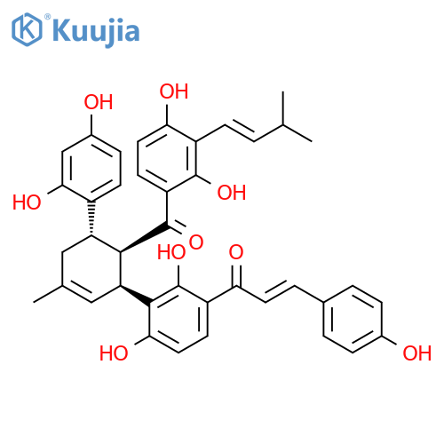 2-Propen-1-one, 1-[3-[(1S,5S,6R)-6-[2,4-dihydroxy-3-[(1E)-3-methyl-1-buten-1-yl]benzoyl]-5-(2,4-dihydroxyphenyl)-3-methyl-2-cyclohexen-1-yl]-2,4-dihydroxyphenyl]-3-(4-hydroxyphenyl)-, (2E)- structure