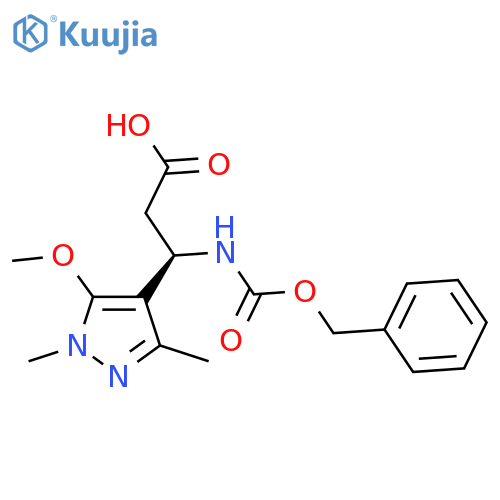 (3R)-3-{(benzyloxy)carbonylamino}-3-(5-methoxy-1,3-dimethyl-1H-pyrazol-4-yl)propanoic acid structure
