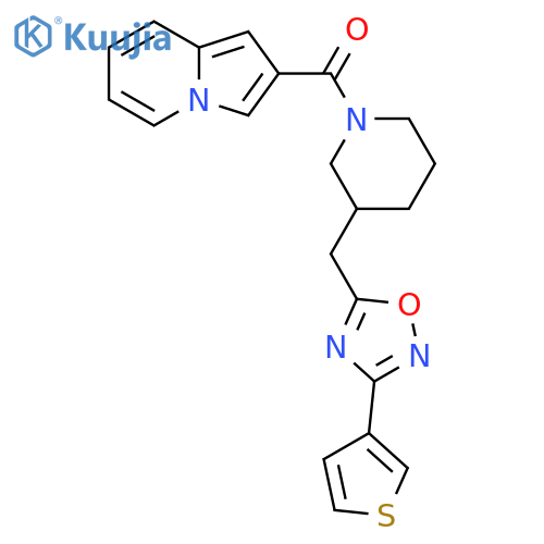 2-(3-{[3-(thiophen-3-yl)-1,2,4-oxadiazol-5-yl]methyl}piperidine-1-carbonyl)indolizine structure