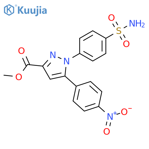 1H-Pyrazole-3-carboxylic acid, 1-[4-(aminosulfonyl)phenyl]-5-(4-nitrophenyl)-, methyl ester structure