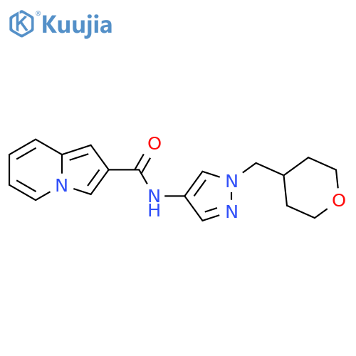N-[1-(oxan-4-ylmethyl)pyrazol-4-yl]indolizine-2-carboxamide structure