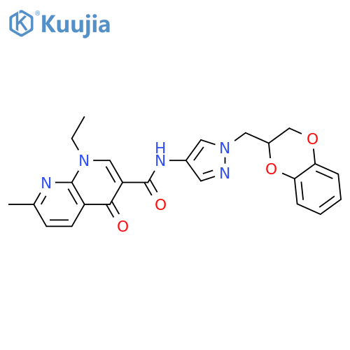 N-[1-(2,3-dihydro-1,4-benzodioxin-3-ylmethyl)pyrazol-4-yl]-1-ethyl-7-methyl-4-oxo-1,8-naphthyridine-3-carboxamide structure