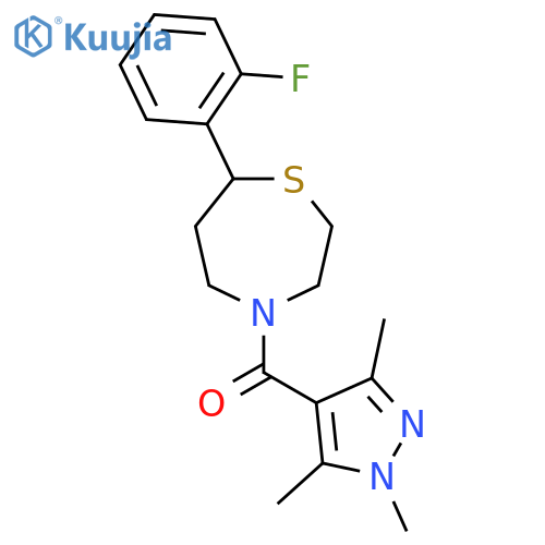 7-(2-fluorophenyl)-4-(1,3,5-trimethyl-1H-pyrazole-4-carbonyl)-1,4-thiazepane structure