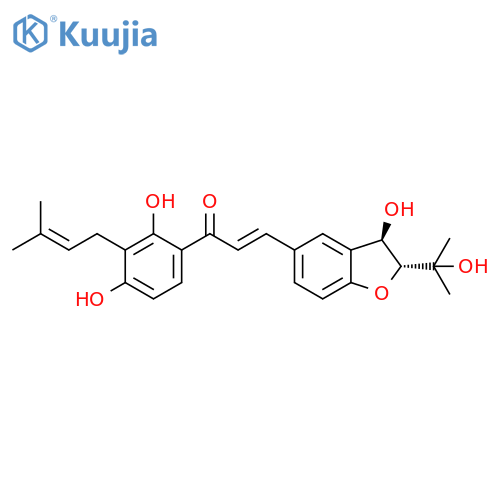 2-Propen-1-one, 3-[(2R,3R)-2,3-dihydro-3-hydroxy-2-(1-hydroxy-1-methylethyl)-5-benzofuranyl]-1-[2,4-dihydroxy-3-(3-methyl-2-buten-1-yl)phenyl]-, (2E)-rel- structure