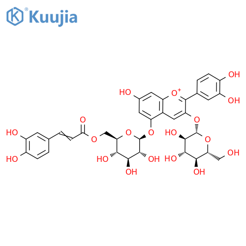 1-Benzopyrylium, 2-(3,4-dihydroxyphenyl)-5-[[6-O-[(2E)-3-(3,4-dihydroxyphenyl)-1-oxo-2-propen-1-yl]-β-D-glucopyranosyl]oxy]-3-(β-D-glucopyranosyloxy)-7-hydroxy- structure