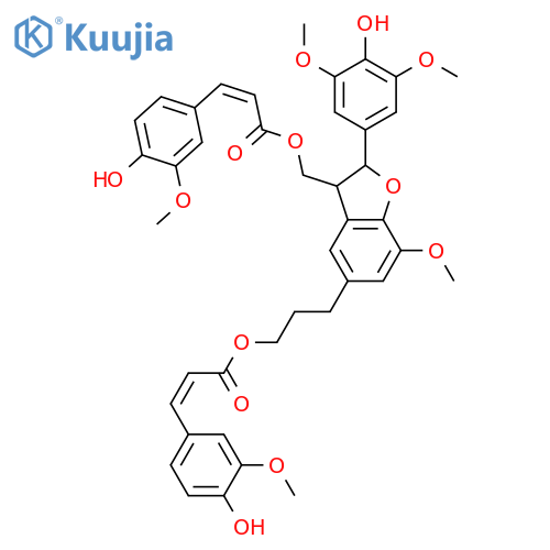 2-Propenoic acid, 3-(4-hydroxy-3-methoxyphenyl)-, 3-[(2R,3S)-2,3-dihydro-2-(4-hydroxy-3,5-dimethoxyphenyl)-3-[[[(2E)-3-(4-hydroxy-3-methoxyphenyl)-1-oxo-2-propen-1-yl]oxy]methyl]-7-methoxy-5-benzofuranyl]propyl ester, (2E)-rel- structure